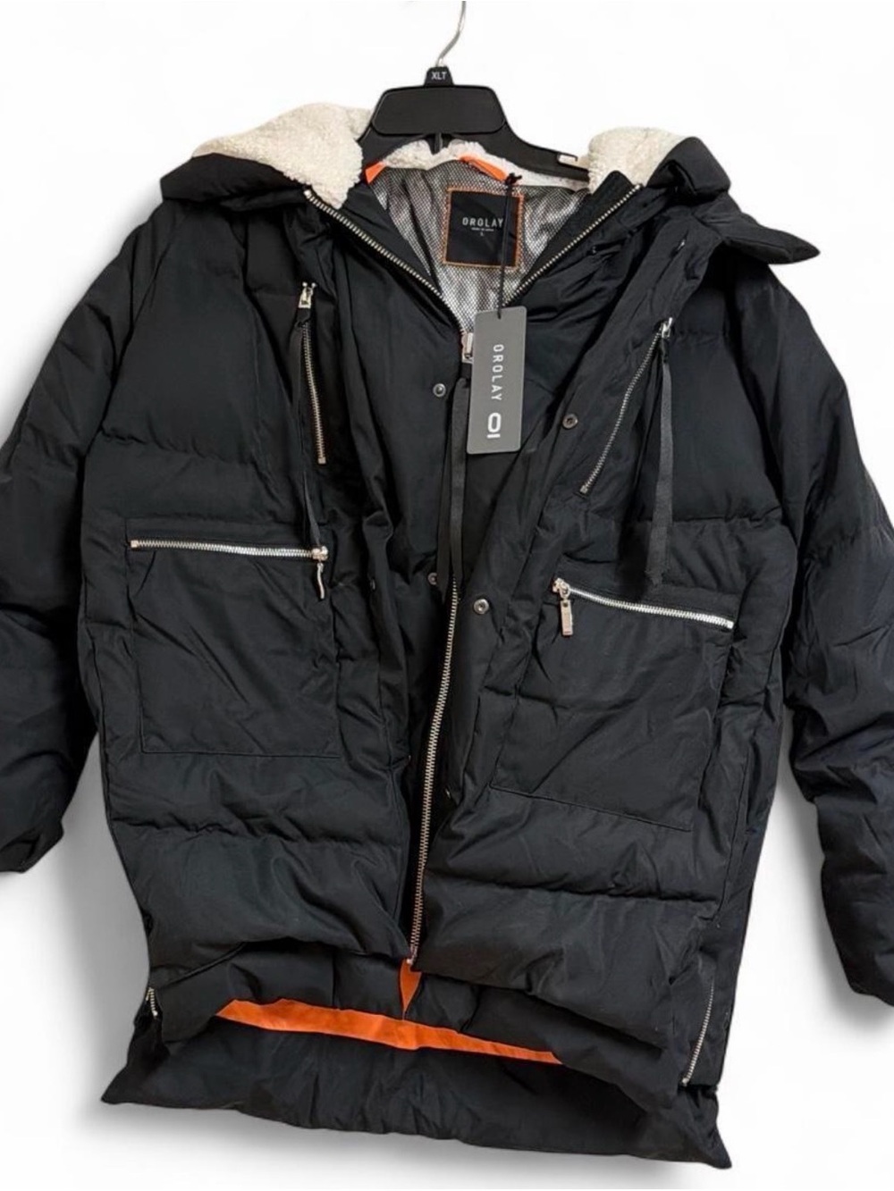 OLAY Men's Black Quilted Puffer Jacket with Sherpa Hood